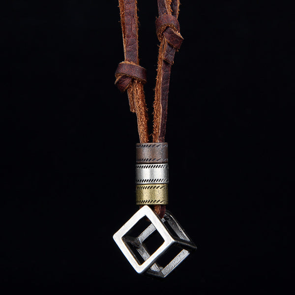 100% Genuine Leather Necklace Punk Vintage Jewelry Cube Box Pendant Necklace
