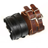 Retro Double Button Wide Leather Bracelets Punk Bracelet Woman Men Fine Jewelry