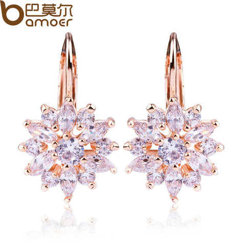 Bamoer Luxury Champagne Gold Flower Stud Earrings with Zircon Stone