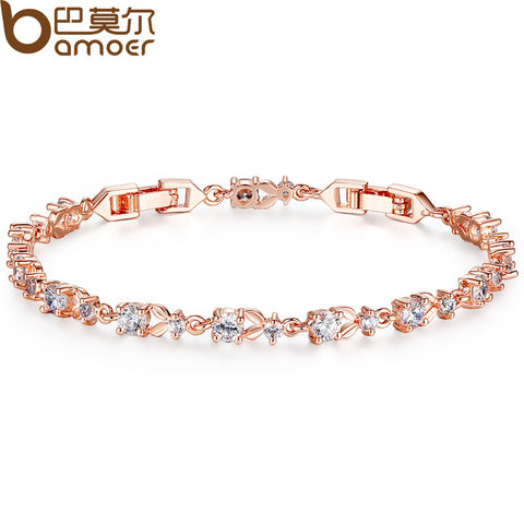 Bamoer Luxury 18K Rose Gold Plated Chain Bracelet for Women Shiny AAA Cubic Zircon Crystal