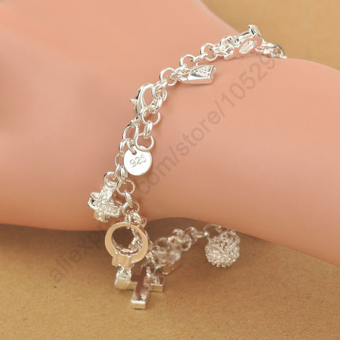 Exquisite 100% 925 Sterling Silver Charm Bracelet,Nice Cross Moon Heart Clock Rings