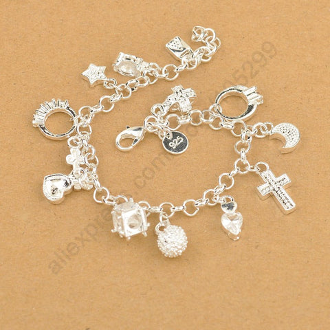 Exquisite 100% 925 Sterling Silver Charm Bracelet,Nice Cross Moon Heart Clock Rings