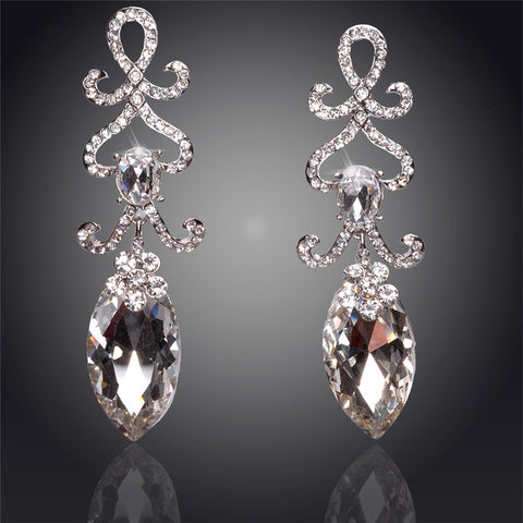 Hollow Crystal Water Drop 18K Silver Plated Austrian Crystal Drop Earrings