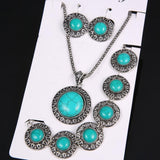 Vintage Antique Silver & Turquoise Stone Earrings Bracelet Necklace Women Jewelry set