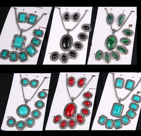 Vintage Antique Silver & Turquoise Stone Earrings Bracelet Necklace Women Jewelry set