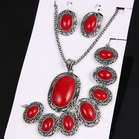 Vintage Antique Silver & Turquoise Stone Earrings Bracelet Necklace Women Jewelry set