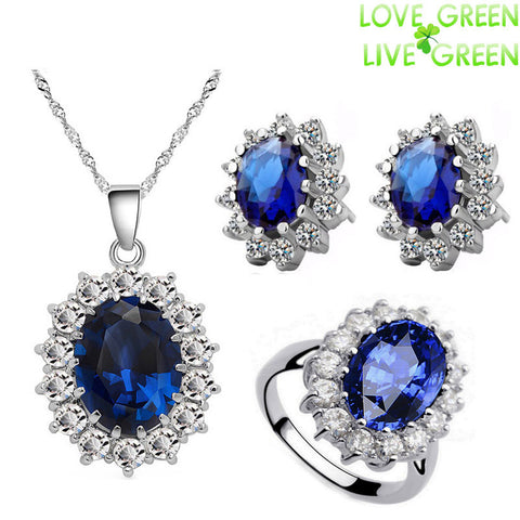 Queen Royal ocean blue 18K white gold austrian crystal rhinestones zircon chain necklace earrings ring Jewelry set