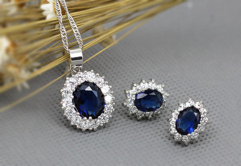 Queen Royal ocean blue 18K white gold austrian crystal rhinestones zircon chain necklace earrings ring Jewelry set